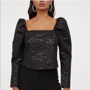 H&M Women Black Jacquard Weave Puff Sleeves Blouse Size L